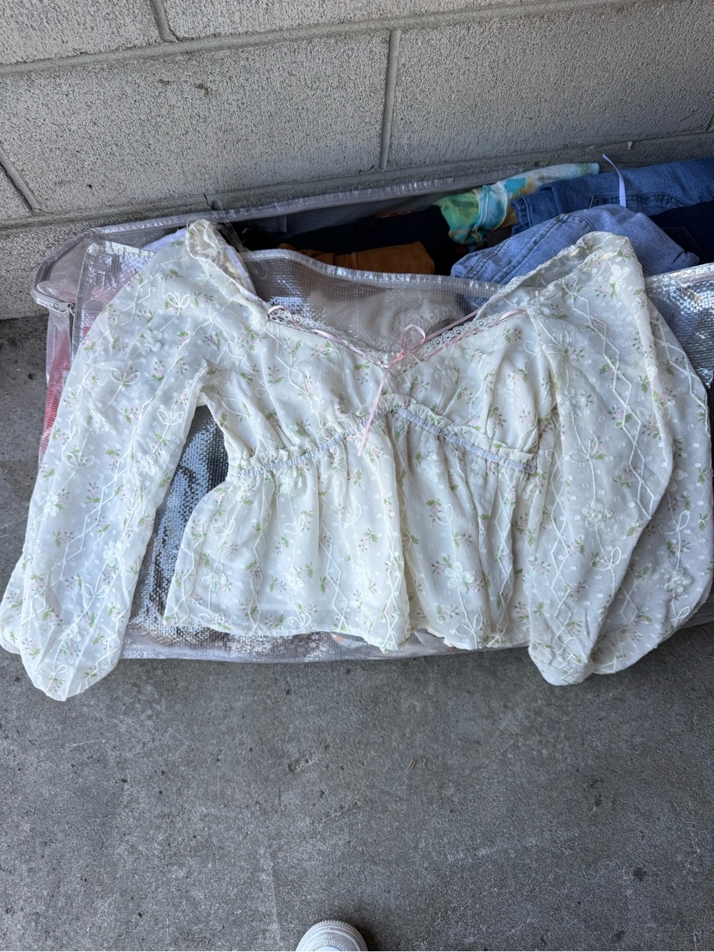 Altar'd State Ivory Floral Lace Peasant Blouse with Puff Sleeves